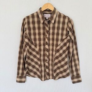 PANHANDLE SLIM Women’s Medium Western Style Pearl Snap Brown Tan Plaid Shirt